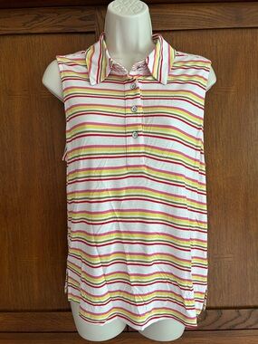 CABI “Tee Up Tee”. Sleeveless Striped Polo Tank - Pink, Yellow, Green, White.